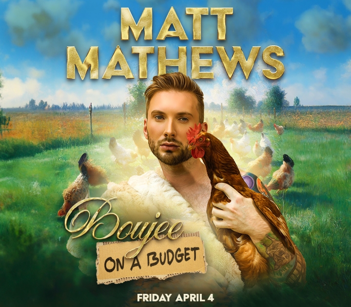 Poster with illustration of Matt Mathews holding a chicken