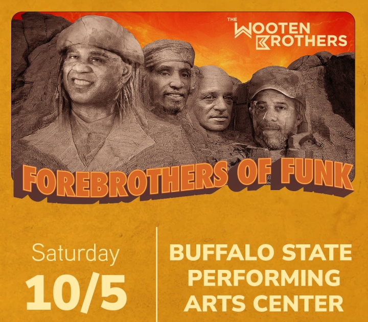 Stylized image of the four band members' faces carved into a mountain like Mt. Rushmore