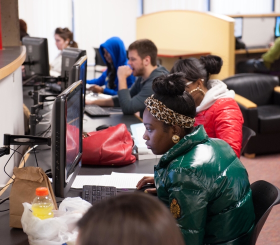 Students working on computers in Buffalo State Study Quad computer lab