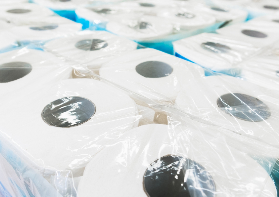 Shrink-wrapped rolls of toilet paper