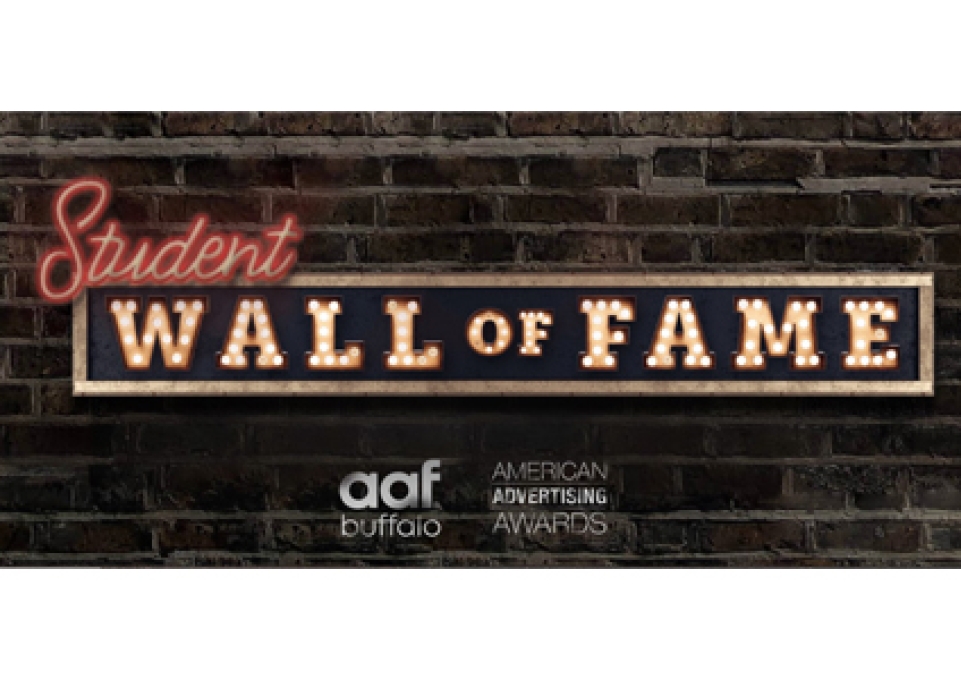 Addy Award logo, lighted sign saying Student Wall of Fame