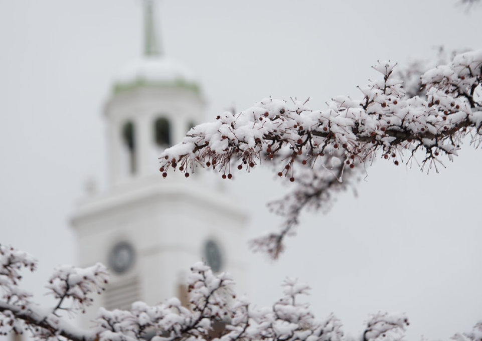 Rockwell Hall bell tower in winter