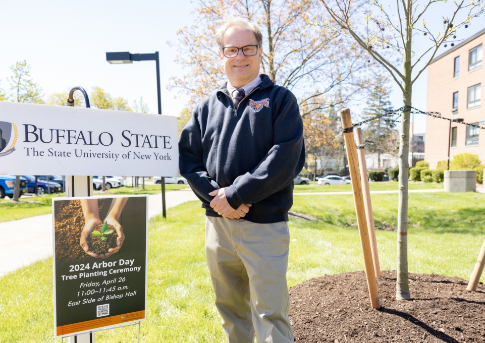 Steven Sypniewski at a Buffalo State Arbor Day tree planting ceremony